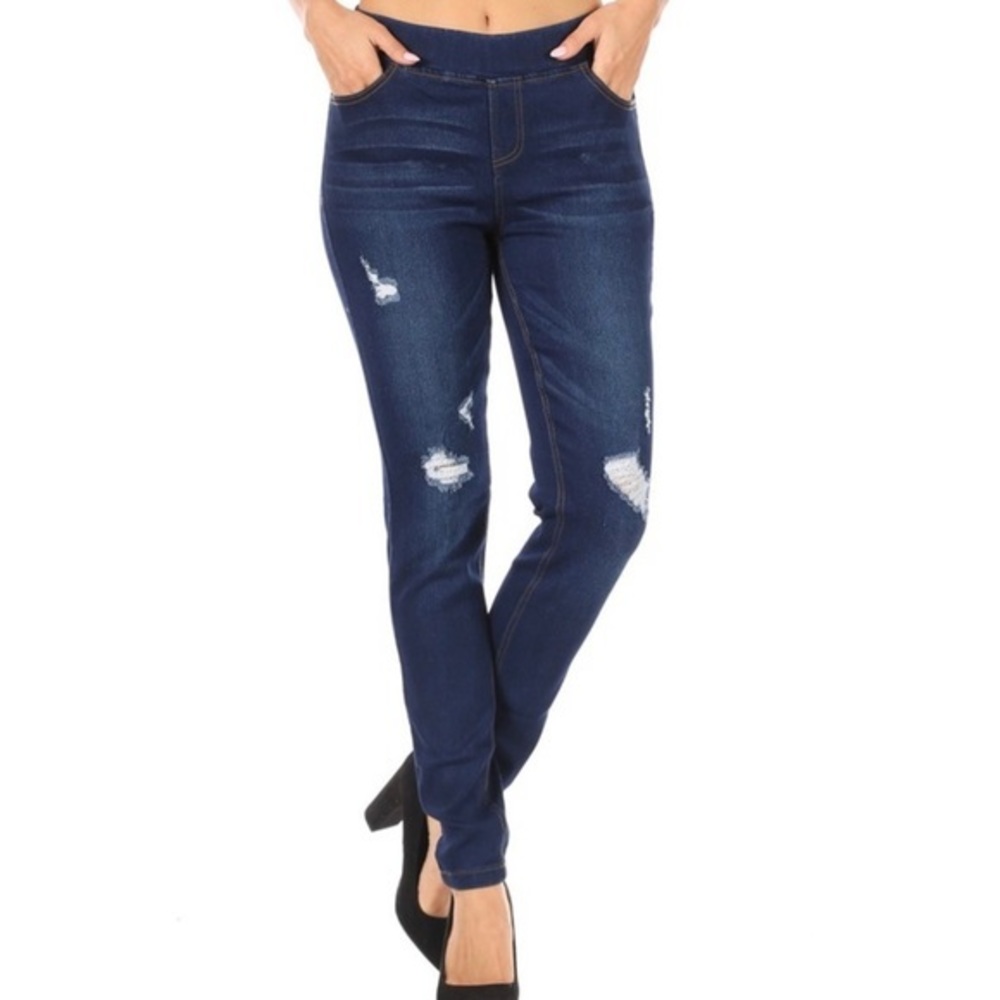 Women's Dark Blue Distressed Stretch Denim Jeggings
